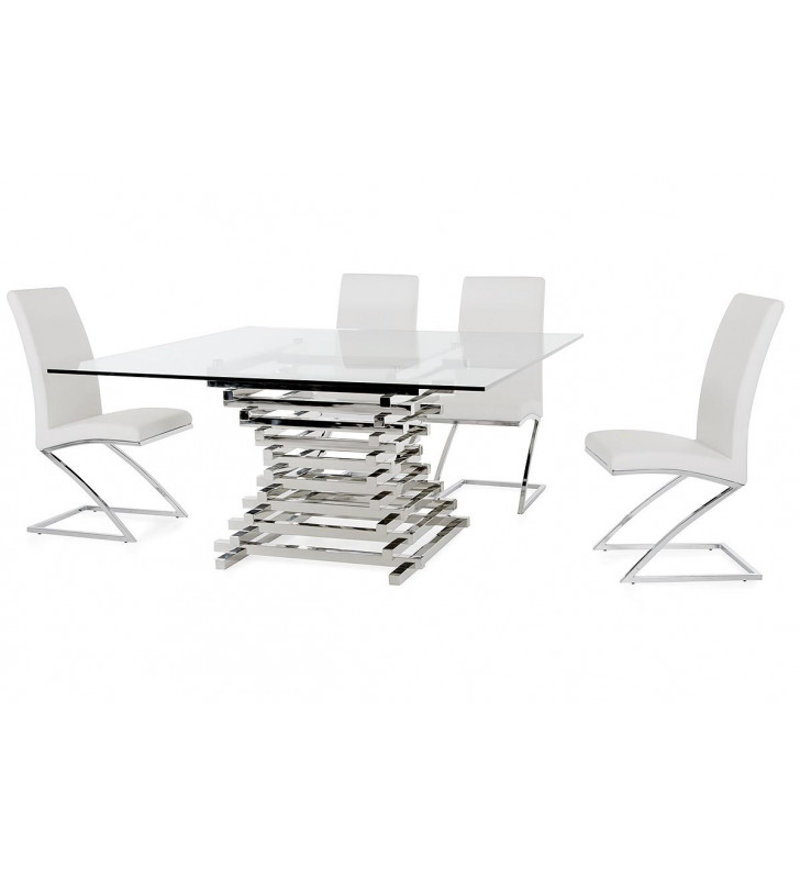 Clear Glass Square Dining Table Set 5 Pcs VIG Modrest Crawford Contemporary 
