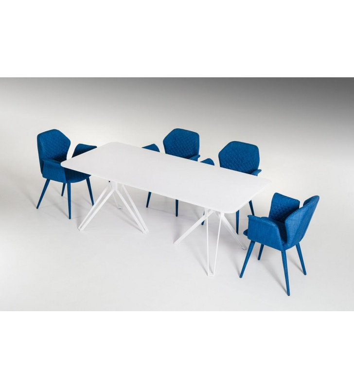 White Glass Dining Table Jeans Fabric Chairs Set 7Pcs VIG Modrest Harmony Modern