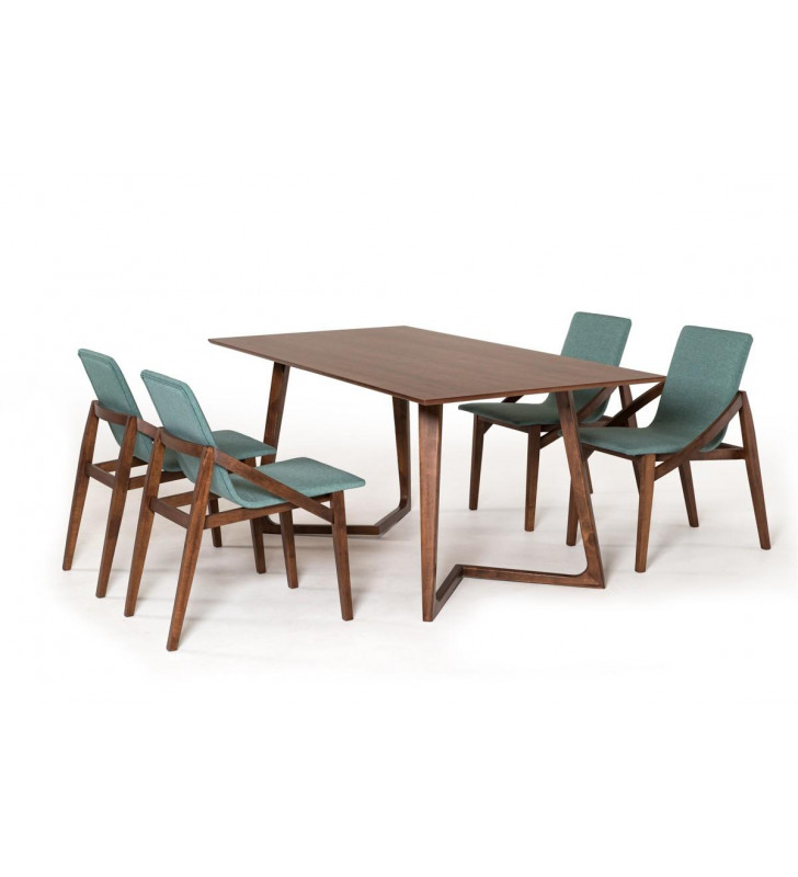 Rectangular Walnut Blue Dining Table Set 5 Pcs VIG Modrest Jett Contemporary 