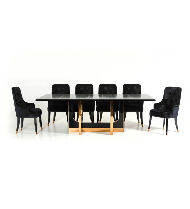 Large Black Crocodile & Rosegold Dining Table Set 7 Pcs VIG A&X Padua Modern 