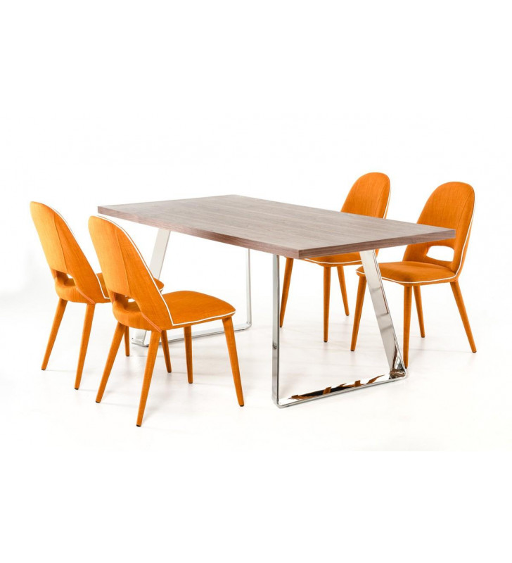 Walnut Dining Table Orange Fabric Chairs Set 5 Pcs VIG Modrest Gala Modern 