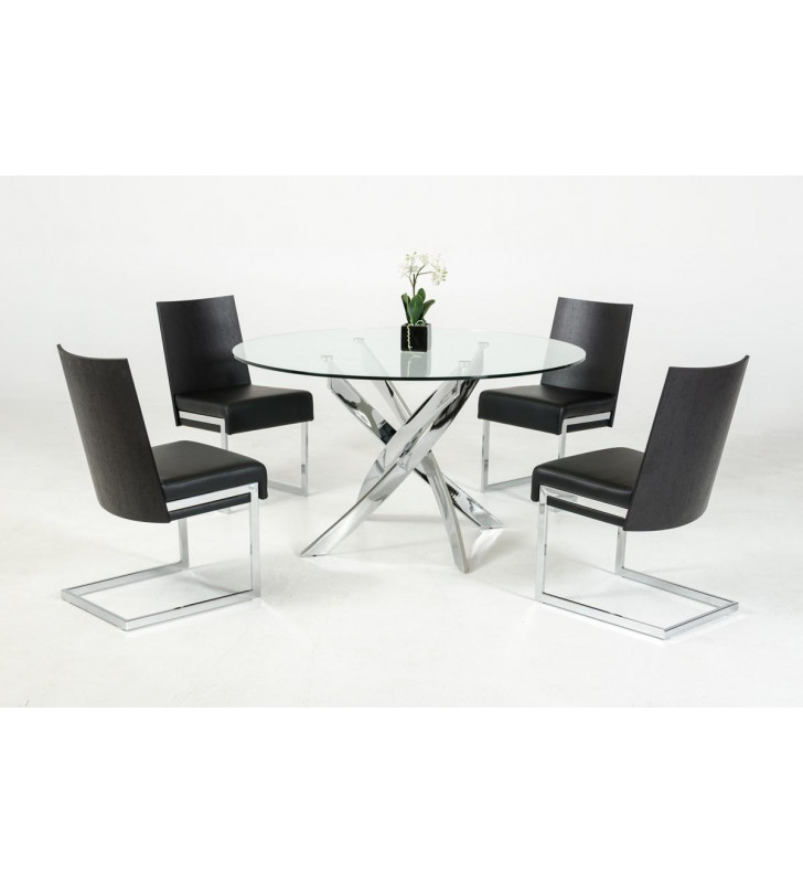 Round Glass Dining Table Black Leather Chairs Set 5Pcs VIG Modrest Pyrite Modern