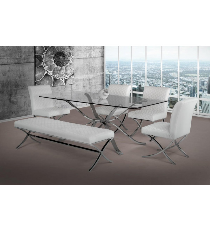 Stainless Steel Glass Top Dining Table Set 6 w/Bench VIG Modrest Adderley Modern
