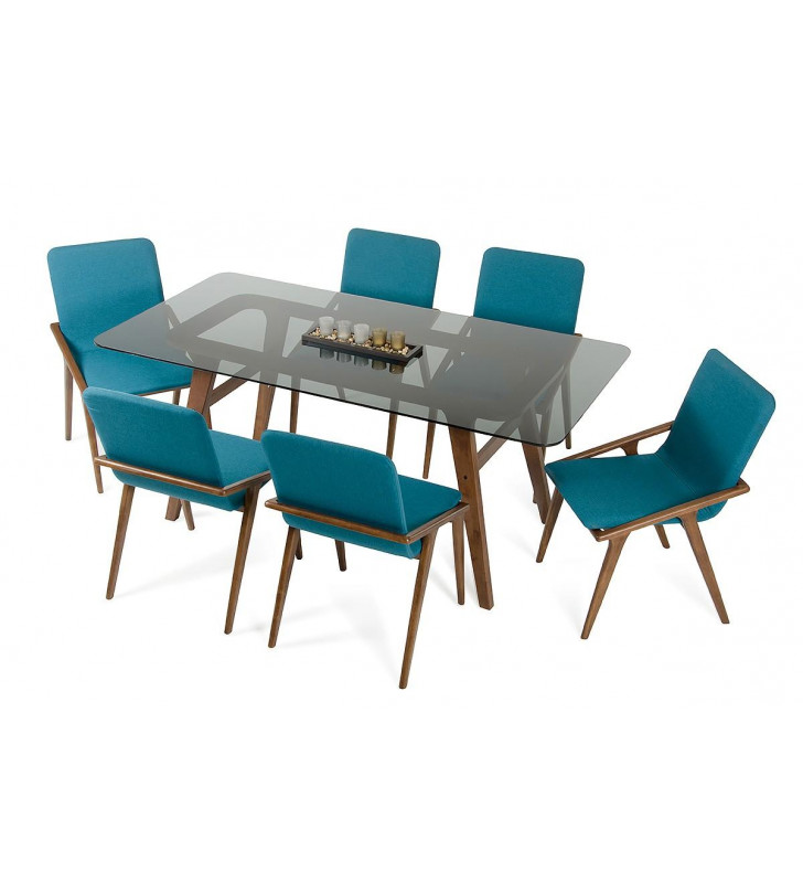 Rectangular Glass Dining Table Set 7P Blue Chairs VIG Modrest Zeppelin Modern