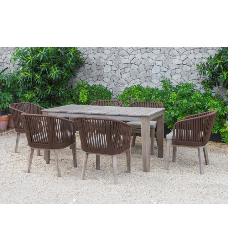 Renava Fiji Modern Outdoor Solid Wood Brown Dining Table Set 7 Pcs Rustic VIG