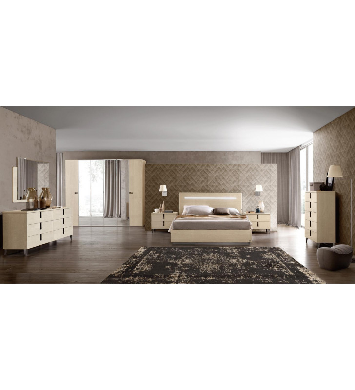 Beige High Gloss Lacquer Finish Queen Size Bedroom Set 5 Pcs Made in Italy ESF Ambra