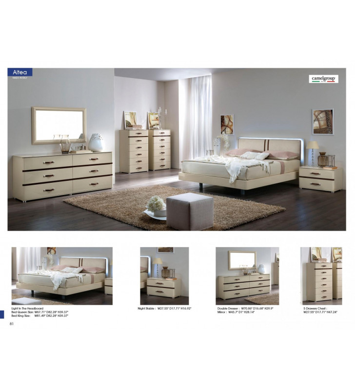 Modern Cream Veneers Headboard Lights Queen Size Bedroom Set 5 Pcs ESF Altea