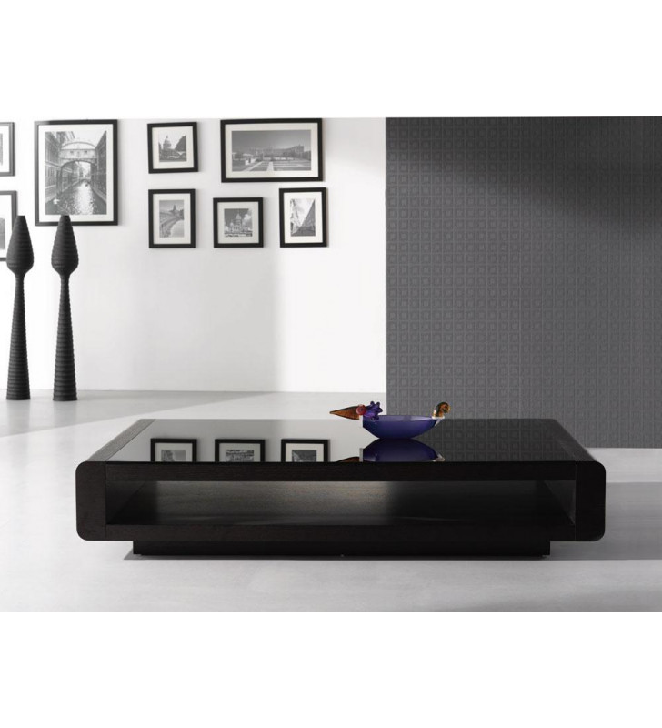 J&M 673  Contemporary Solid Oak Veneer Coffee Color Glass Top Coffee Table Modern