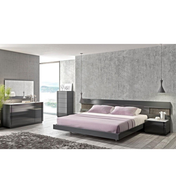 J&M Braga Modern Natural Wood Veneer Grey Lacquer Customizable King Bedroom 5Pcs