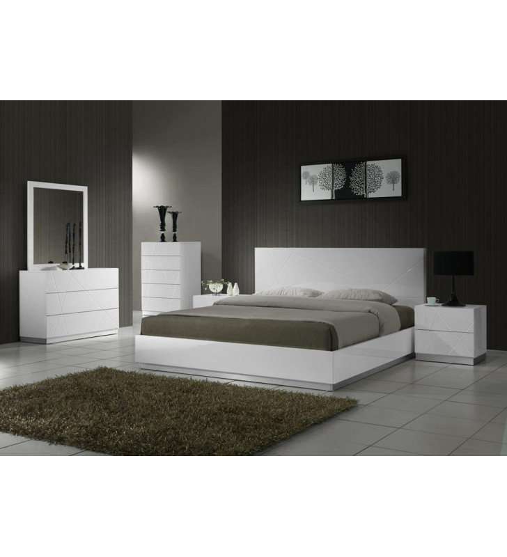 J&M Naples Contemporary White Lacquer Finish Platform King Size Bedroom Set 5Pcs