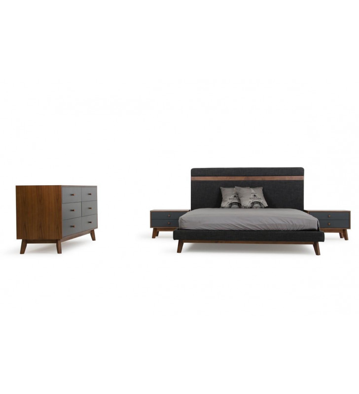 VIG Nova Domus Dali Grey Fabric & Walnut Queen Bedroom Set 3Pcs Modern 