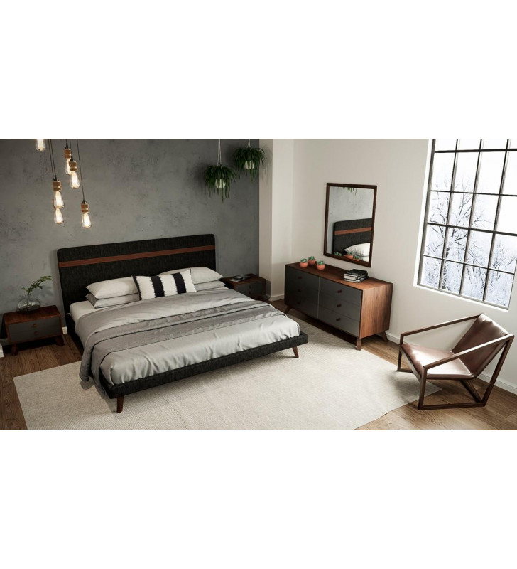 VIG Nova Domus Dali Grey Fabric & Walnut King Bedroom Set 5Pcs  Modern 
