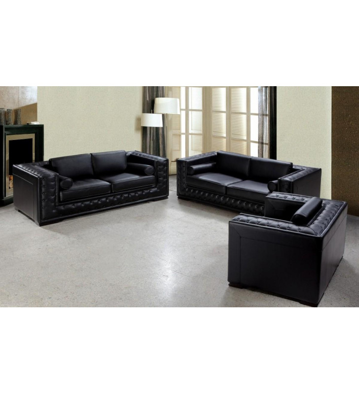 VIG Divani Casa Dublin Tufted Black Leather Sofa Set 3Pcs Modern SPECIAL ORDER