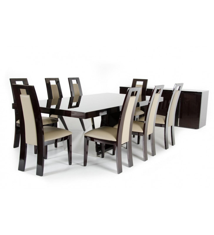Ebony High Gloss Dining Table & Taupe Chairs Set 7Pcs VIG Modrest Christa Modern