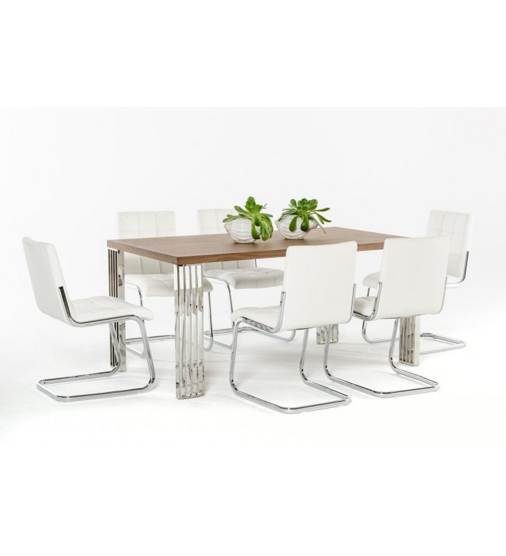 Walnut Dining Table White Leatherette Chairs Set 7Pcs VIG Modrest Bertram Modern