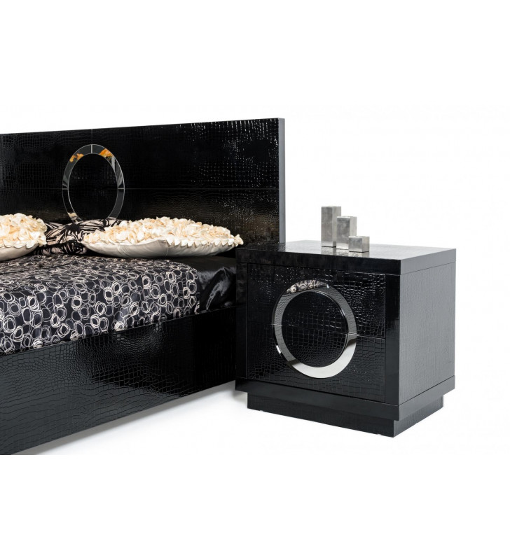 VIG A&X Ovidius Clossy Black Lacquer Crocodile Texture Nightstand Set 2Ps Modern 