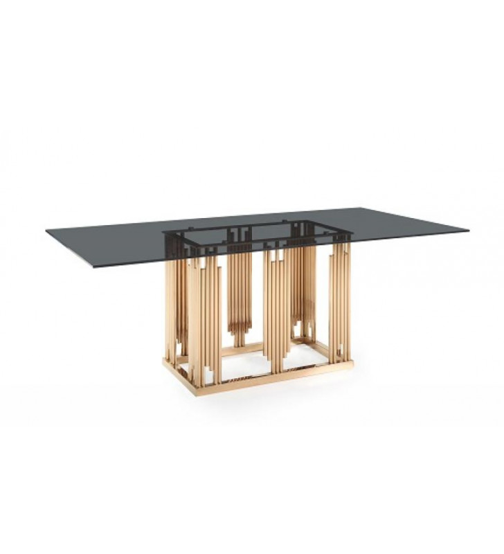 Smoked Grey Glass & Rosegold Dining Table VIG Modrest Token Modern 