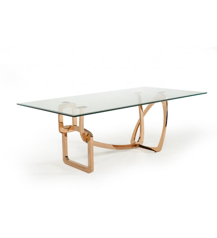Rosegold Rectangular Tempered Glass Dining Table VIG Modrest Oro Rosa Modern