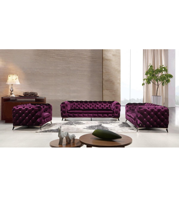 Purple Velour Fabric Chesterfield Sofa Set 3Pcs Modern J&M Glitz