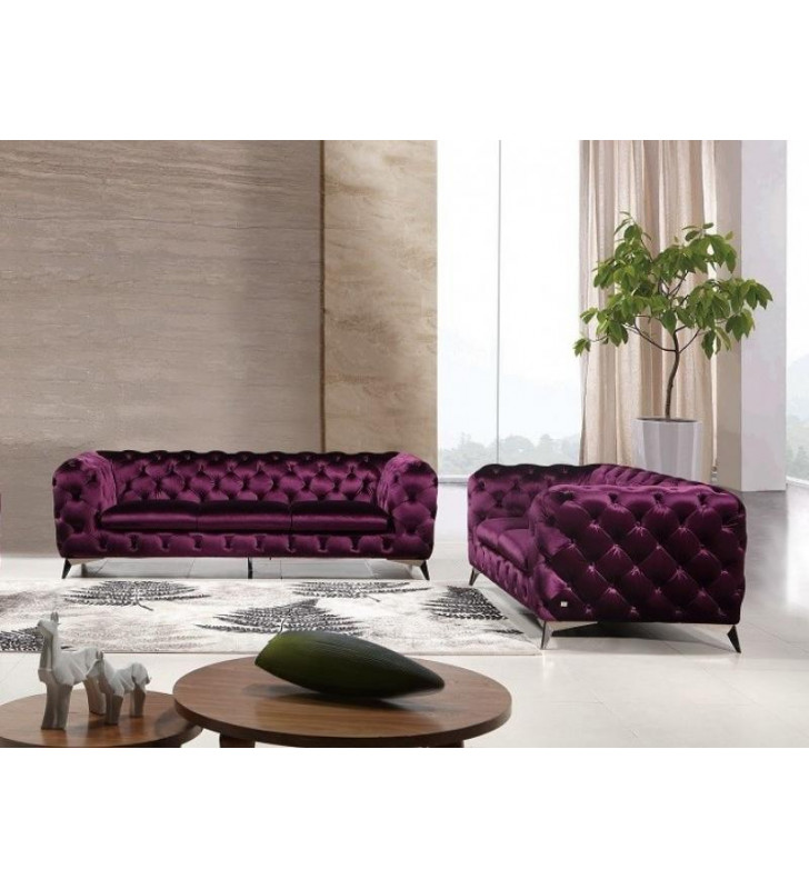 Purple Velour Fabric Chesterfield Sofa & Loveseat Set 2Pcs Modern J&M Glitz