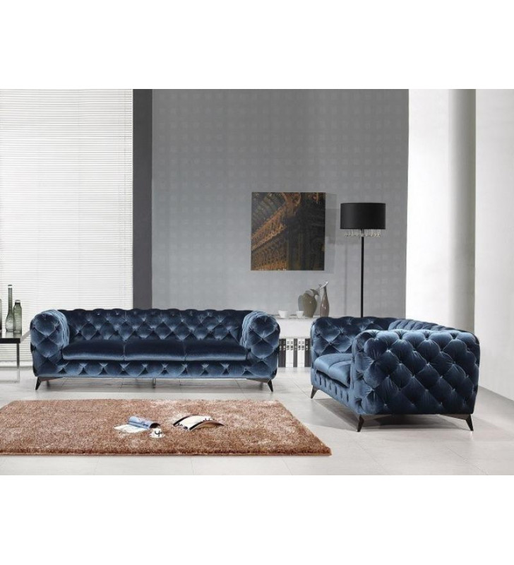 Blue Velour Fabric Chesterfield Sofa & Loveseat Set 2Pcs Modern J&M Glitz