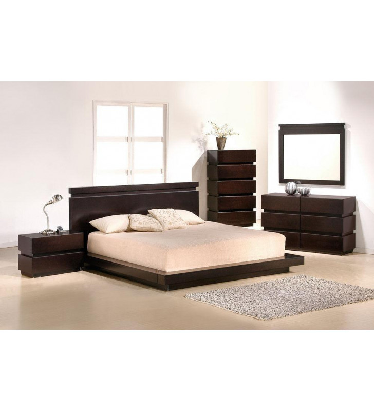 J&M Knotch Modern Brown Lacquer Finish Queen Size Bedroom Set 3Pcs Made in Italy