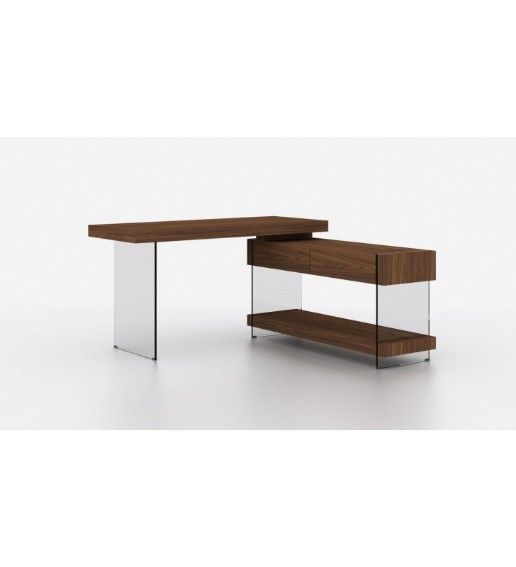 Home Office Writing Desk Glossy Walnut & Tempered Glass Cloud J&M Contemporary