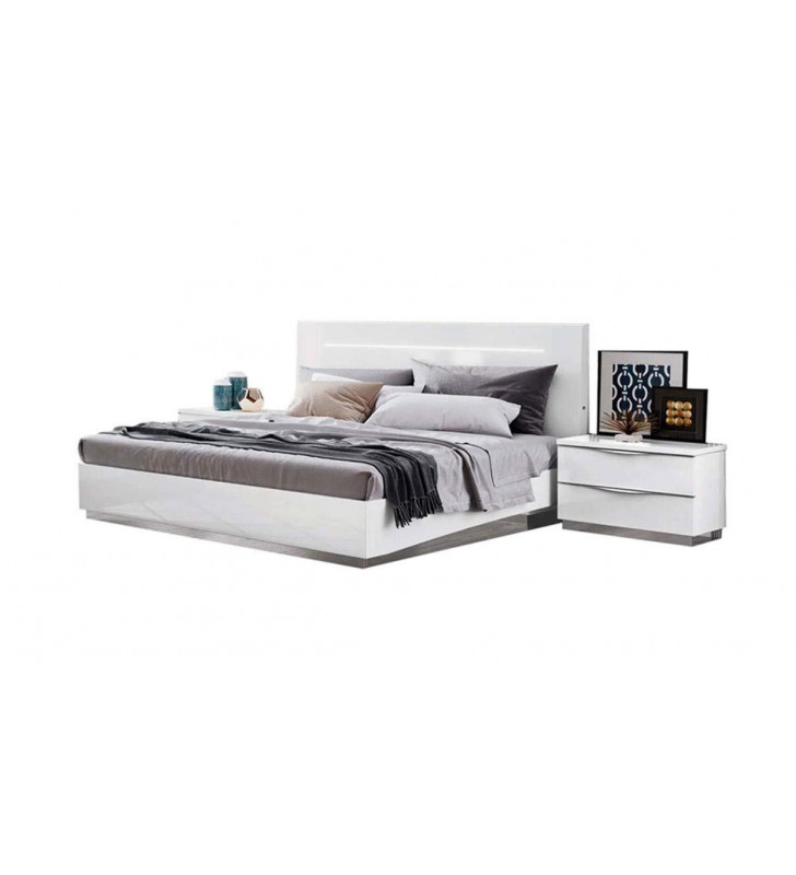 White Lacquer Finish w/ Led Lights Queen Bed & 2 Nightstands Modern ESF Onda Legno