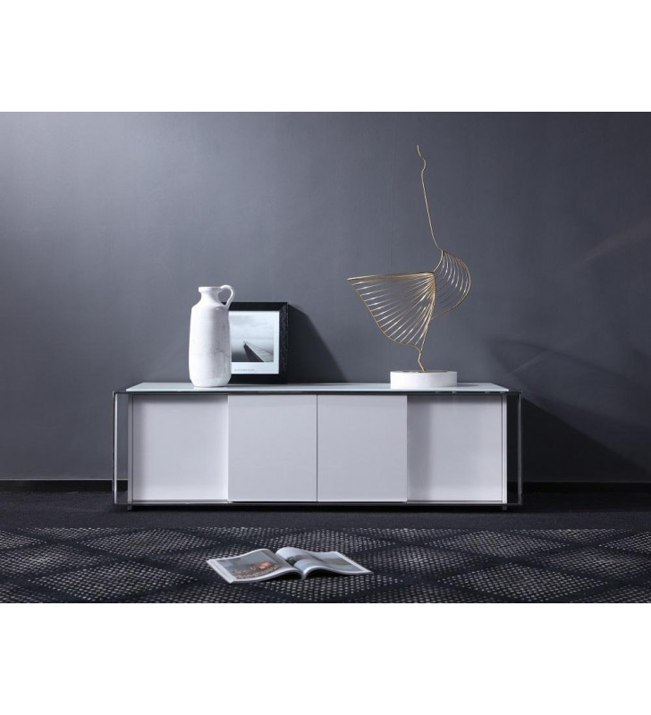 J&M Star Contemporary White Tempered Glass Top Table Chrome Accents TV Base