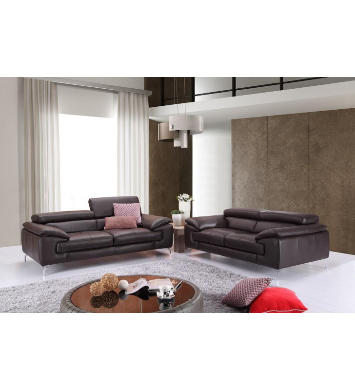 Coffee Italian Premium Genuine Leather Sofa Set 2Pcs Contemporary J&M A973 