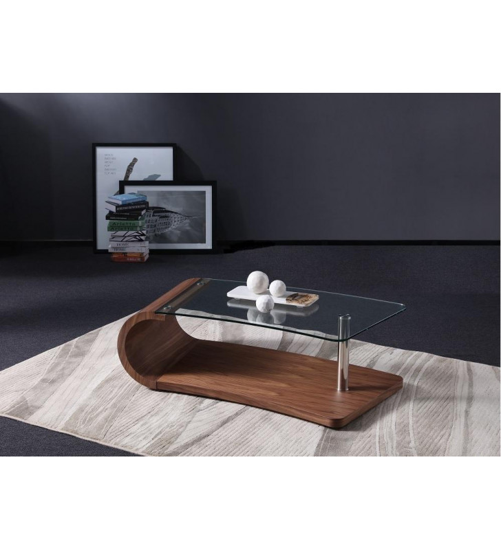 J&M Grace  Contemporary Warm Walnut Veneer & Glass Top Coffee Table 