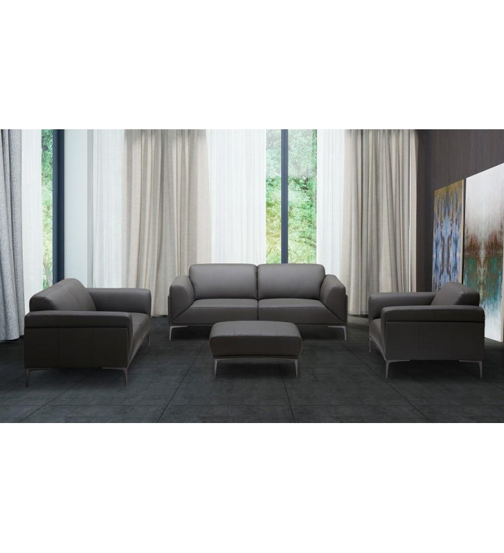 Grey Premium Italian Leather Sofa Set w/Ottoman 4Pcs Modern J&M King 