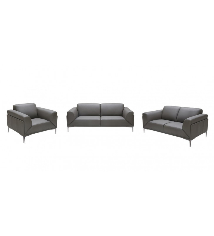Grey Premium Italian Leather Sofa Set 3Pcs Modern J&M King