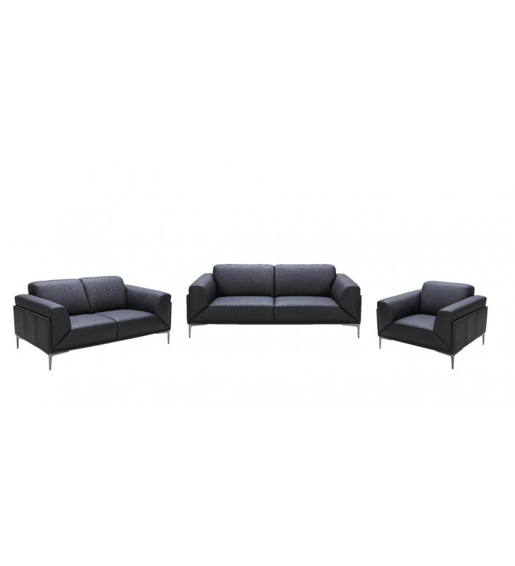 Black Premium Italian Leather Sofa Set 3 Pcs Modern J&M Knight