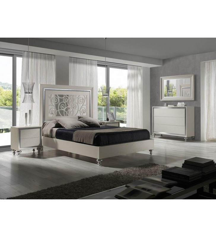 J&M Alba Modern White Finish Ornate Carved Headboard Queen Bedroom Set 5Pcs