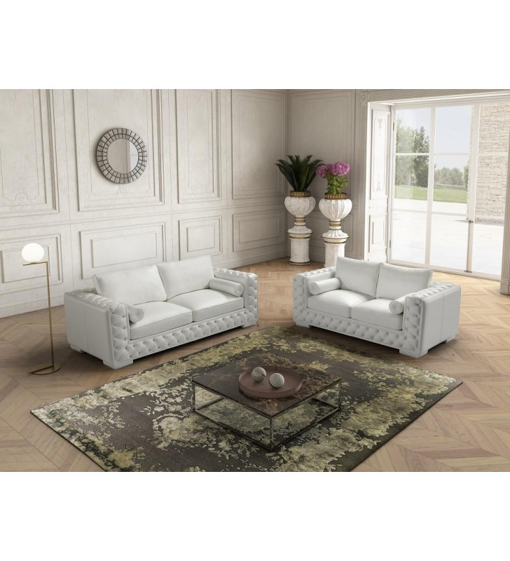 White Premium Leather Hand Tufted Design Sofa & Loveseat 2Pcs Modern J&M Vanity 