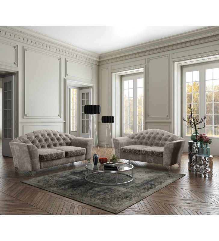 Grey & Floral Fabric Hand Tufted Design Sofa & Loveseat Set 2Pcs Modern J&M Divina 