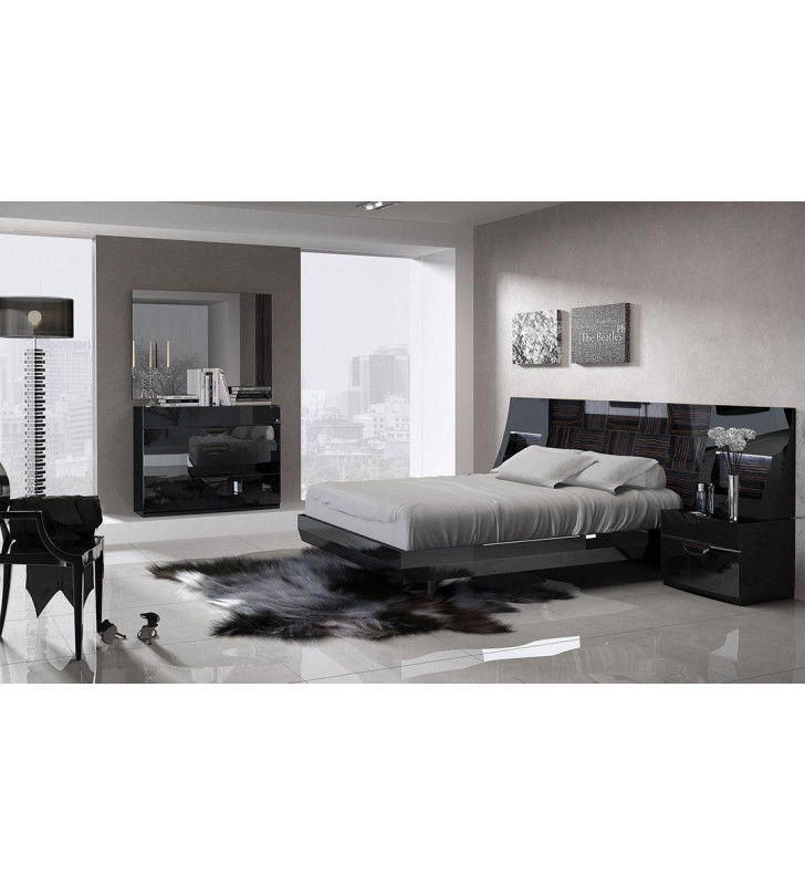  Black & Wood Grain Lacquer King Size Bedroom Set 5Pcs Modern ESF Marbella