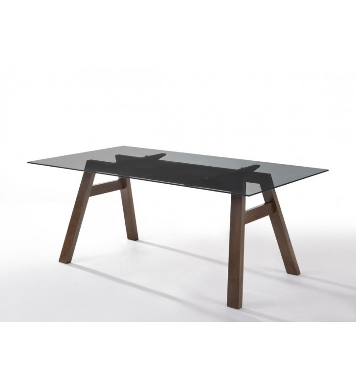 Rectangular Grey Tempered Glass & Walnut Dining Table VIG Modrest Travis Modern