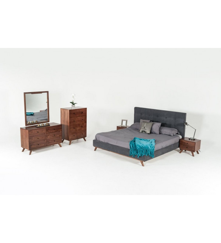 VIG Modrest Addison Mid-Century Grey & Walnut Queen Bedroom Set 4Pcs Modern