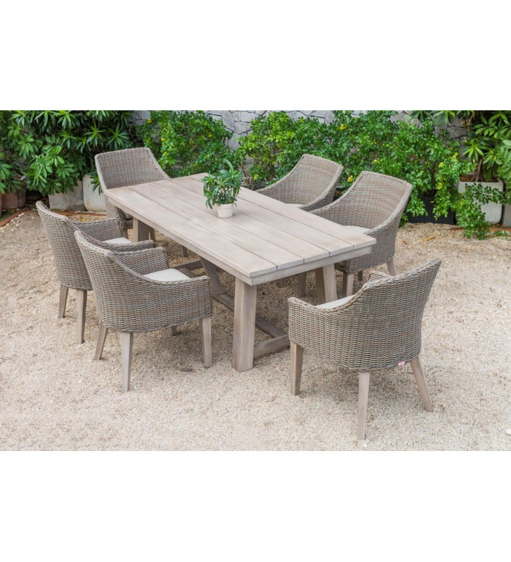 Outdoor Grey Solid Wood & Wicker Dining Set 7Pcs VIG Renava Montara & Gazos