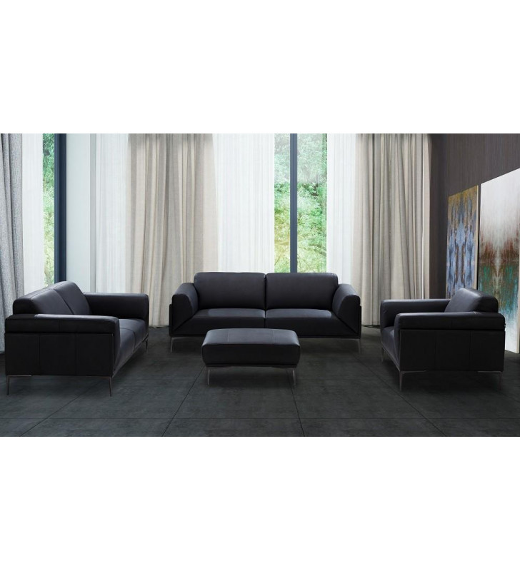 Black Premium Italian Leather Sofa Set W/ Ottoman 4Pcs Modern J&M Knight 
