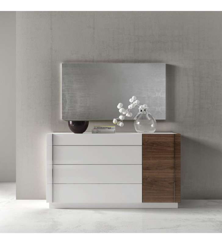 J&M Lisbon Modern White Lacquer Walnut & Wood Veneer 4 Drawer Dresser