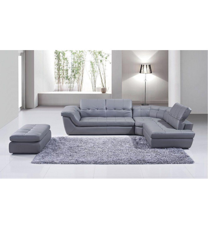 Grey Italian Leather Sectional w/Ottoman Set 2Pcs Adjustable Headrest RHC Modern J&M 397 