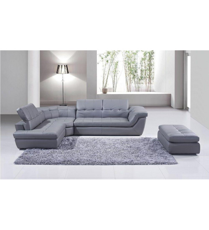 Grey Italian Leather Sectional w/Ottoman Set 2Pcs Adjustable Headrest LHC Modern J&M 397 