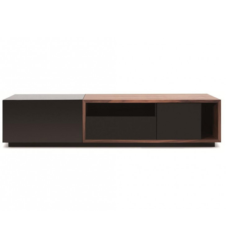 J&M TV047 Contemporary Black Tempered Glass Top & Walnut Finish TV Base