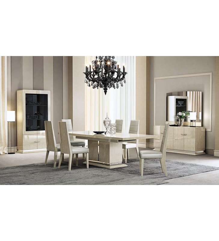 J&M Chiara Contemporary Light Walnut High Gloss Veneer Premium Dining Set 7Pcs