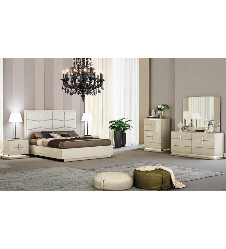 J&M Chiara Light Walnut High Gloss Veneer & Grey Eco Pelle Queen Bedroom Set 5Pcs