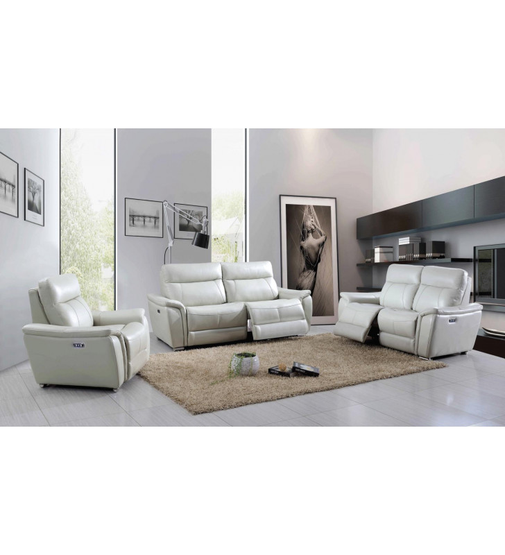 Light Grey Top Grain Leather Electric Recliner Sofa Set 3Pcs Contemporary ESF 1705 