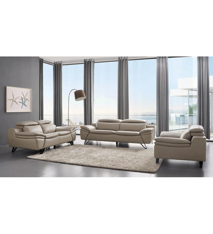 Light Grey Top-Grain Leather Sofa Set 3Pcs W/ Adjustable Headrests Contemporary ESF 973 